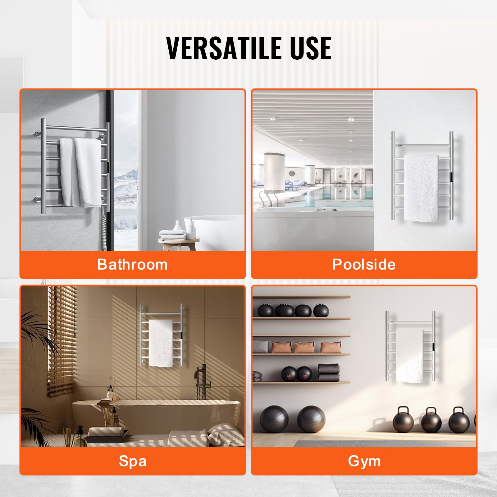 VEVOR - Toallero calefactable de pared para baño, 6 barras, resistente al agua IPX5, con temporizador y pantalla LED, temperatura ajustable en 5 niveles, color plateado