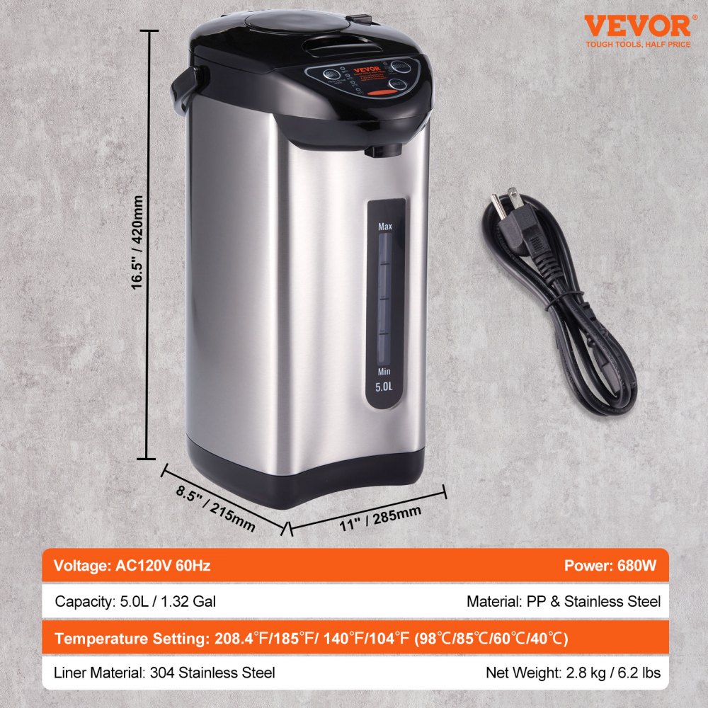 VEVOR Dispensador de agua caliente, caldera y calentador de agua ajustable de 4 temperaturas, calentador de agua de encimera de acero inoxidable 304, dispensación de 3 vías para té, café y fórmula para bebés, 5 l/169 oz