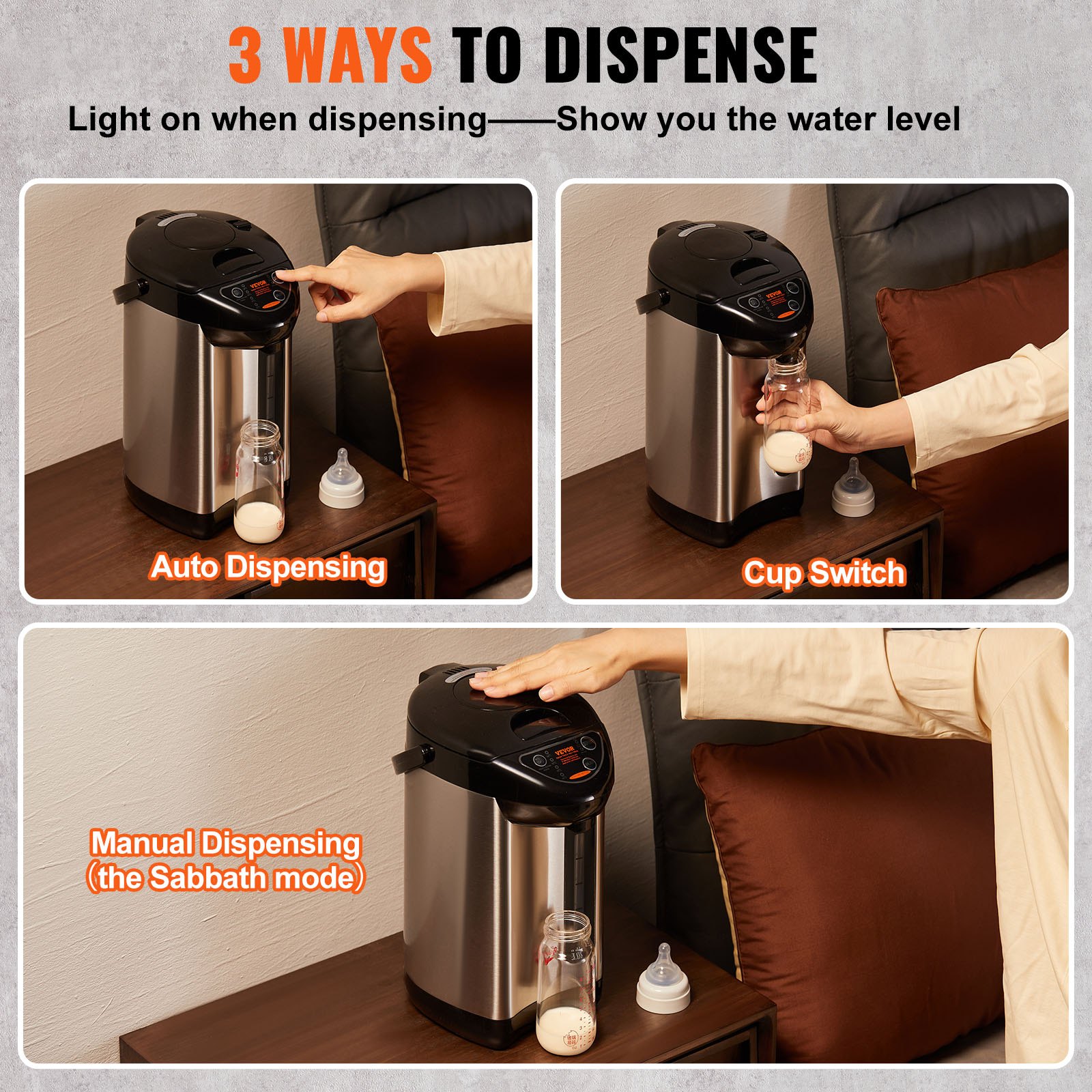 VEVOR Dispensador de agua caliente, caldera y calentador de agua ajustable de 4 temperaturas, calentador de agua de encimera de acero inoxidable 304, dispensación de 3 vías para té, café y fórmula para bebés, 5 l/169 oz