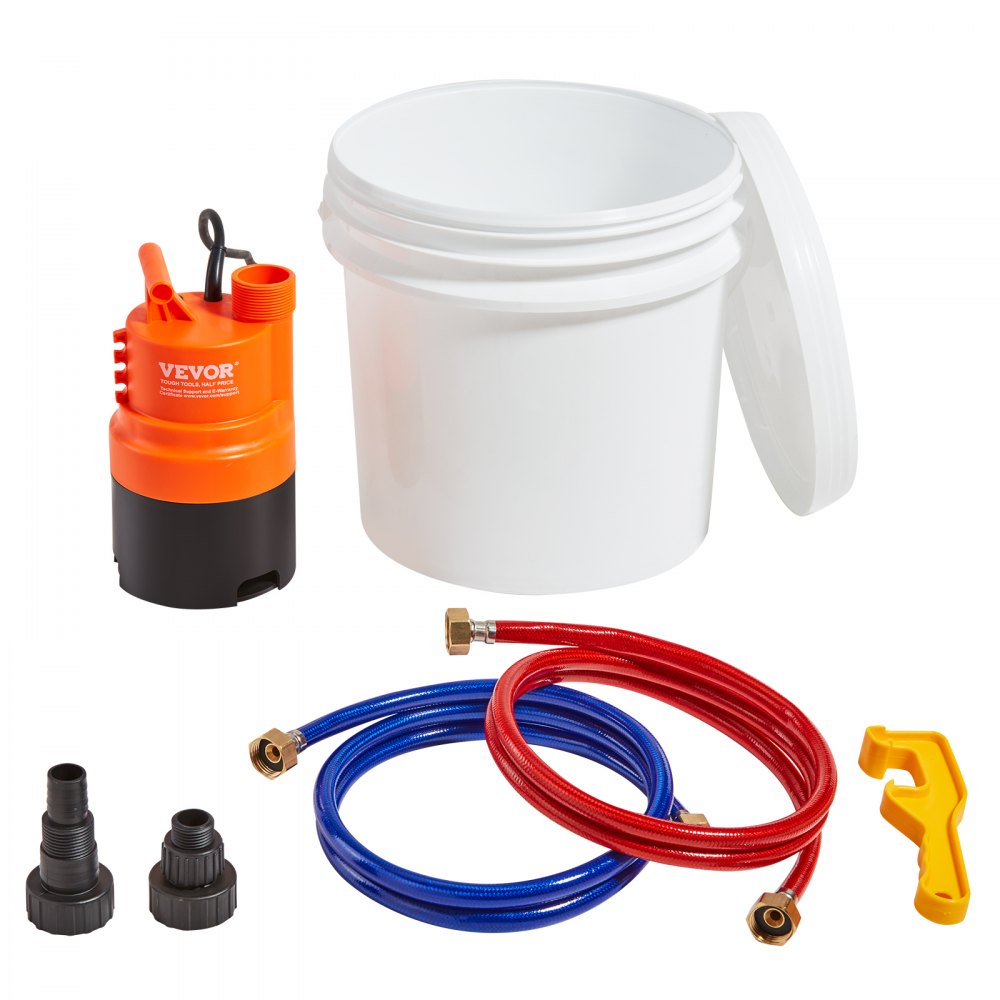 Kit de limpieza para calentador de agua sin tanque VEVOR, incluye bomba eficiente, balde de 3.7 galones, 2 mangueras, llave y adaptador para una instalación rápida, kit de descalcificación para limpieza de calentador de agua fácil de iniciar y anticorrosión.