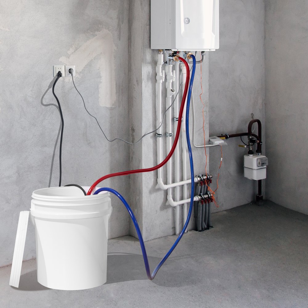 Kit de limpieza para calentador de agua sin tanque VEVOR, incluye bomba eficiente, balde de 3.7 galones, 2 mangueras, llave y adaptador para una instalación rápida, kit de descalcificación para limpieza de calentador de agua fácil de iniciar y anticorrosión.