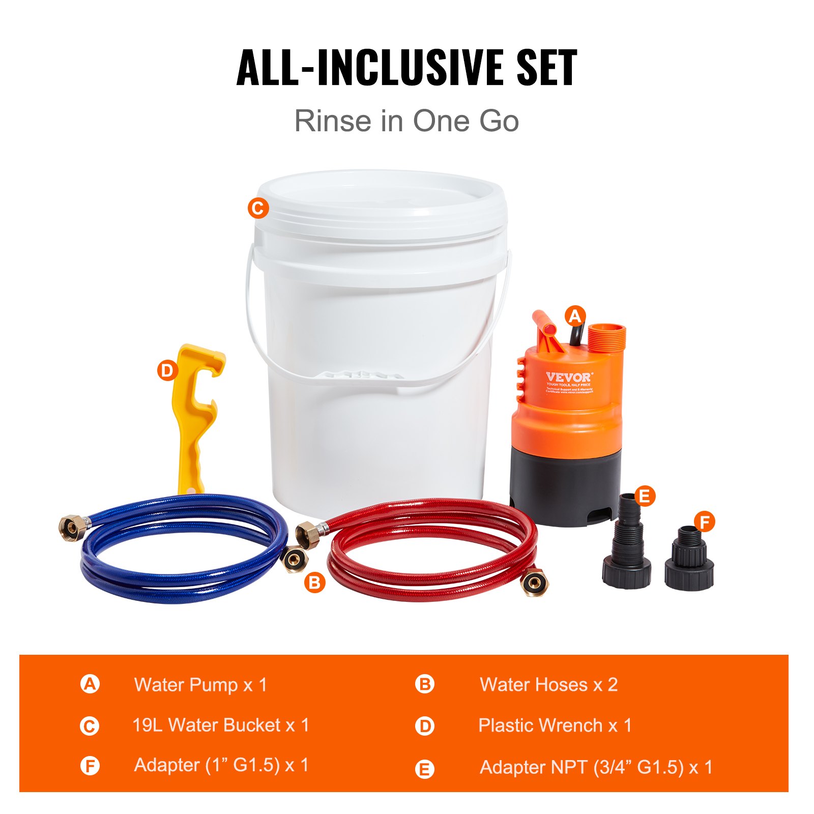 Kit de limpieza para calentador de agua sin tanque VEVOR, incluye bomba eficiente, balde de 3.7 galones, 2 mangueras, llave y adaptador para una instalación rápida, kit de descalcificación para limpieza de calentador de agua fácil de iniciar y anticorrosión.