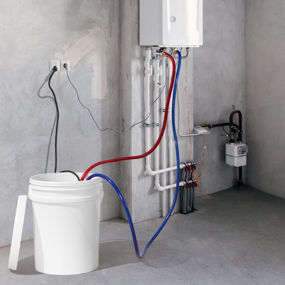 Kit de limpieza para calentador de agua sin tanque VEVOR. Incluye bomba eficiente, balde de 5 galones, 2 mangueras, polvo descalcificador, llave y adaptador para una instalación rápida y fácil de usar.