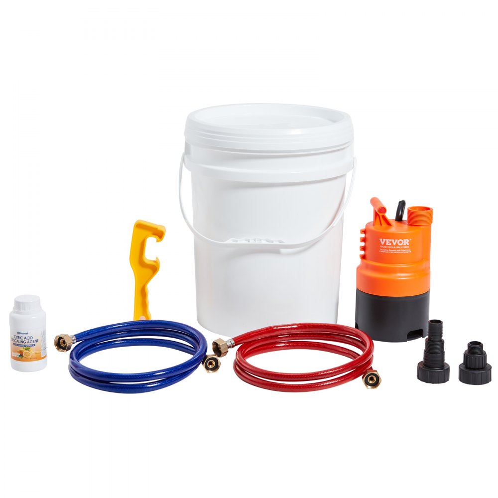 Kit de limpieza para calentador de agua sin tanque VEVOR. Incluye bomba eficiente, balde de 5 galones, 2 mangueras, polvo descalcificador, llave y adaptador para una instalación rápida y fácil de usar.