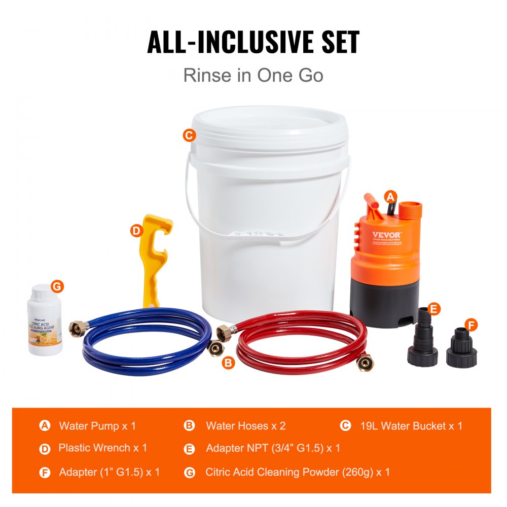 Kit de limpieza para calentador de agua sin tanque VEVOR. Incluye bomba eficiente, balde de 5 galones, 2 mangueras, polvo descalcificador, llave y adaptador para una instalación rápida y fácil de usar.