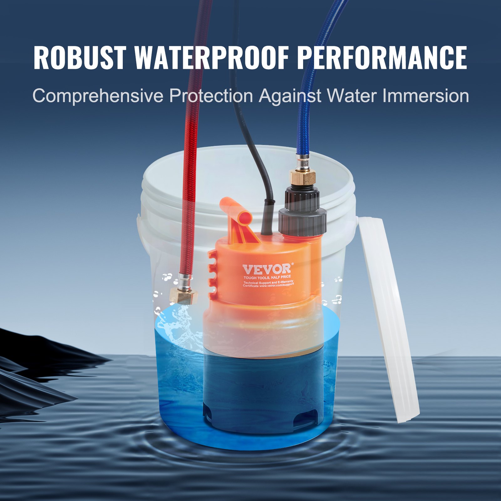 Kit de limpieza para calentador de agua sin tanque VEVOR. Incluye bomba eficiente, balde de 5 galones, 2 mangueras, polvo descalcificador, llave y adaptador para una instalación rápida y fácil de usar.