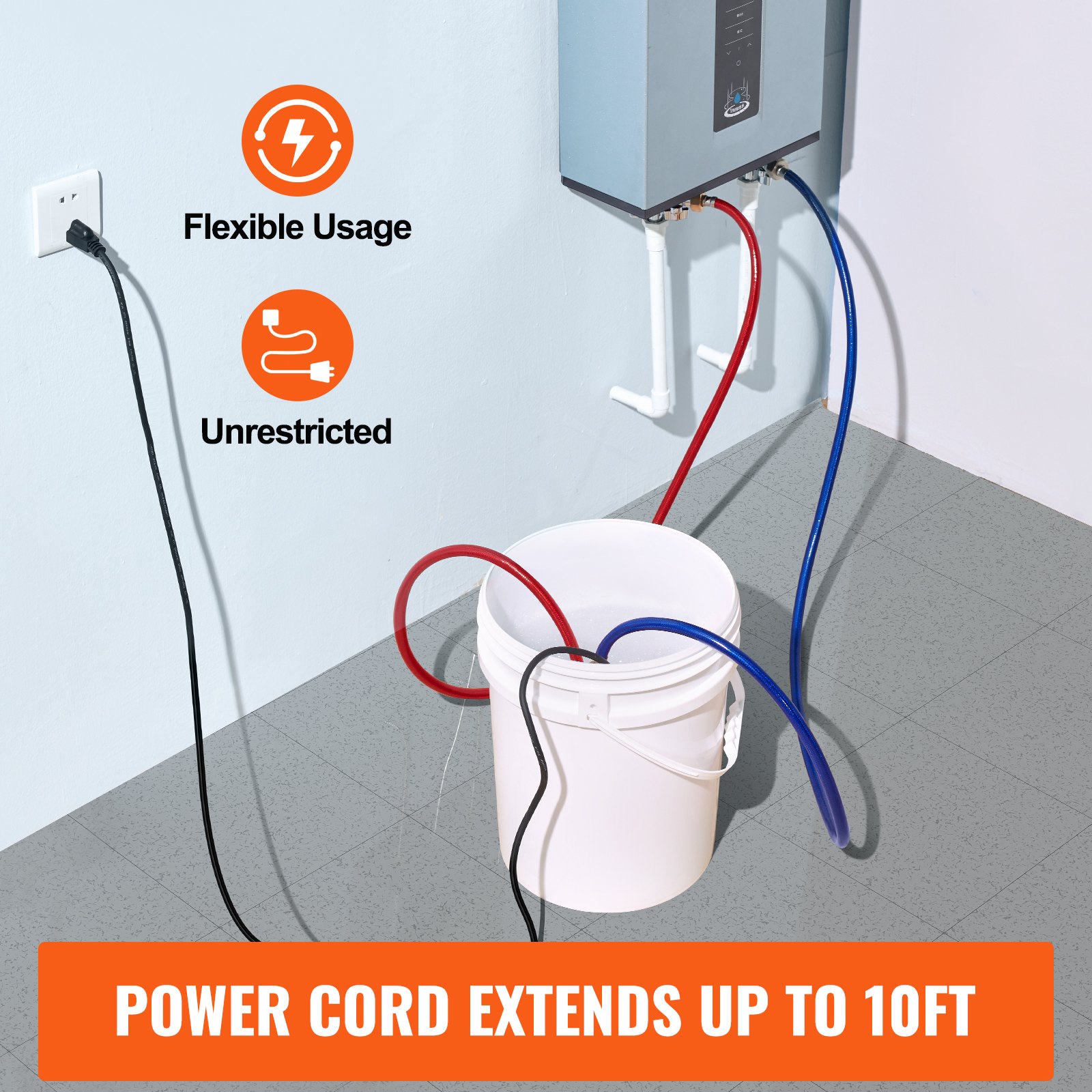 Kit de limpieza para calentador de agua sin tanque VEVOR. Incluye bomba eficiente, balde de 5 galones, 2 mangueras, polvo descalcificador, llave y adaptador para una instalación rápida y fácil de usar.