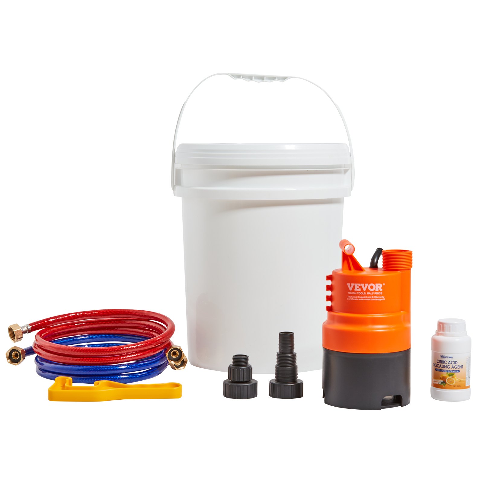 Kit de limpieza para calentador de agua sin tanque VEVOR. Incluye bomba eficiente, balde de 5 galones, 2 mangueras, polvo descalcificador, llave y adaptador para una instalación rápida y fácil de usar.