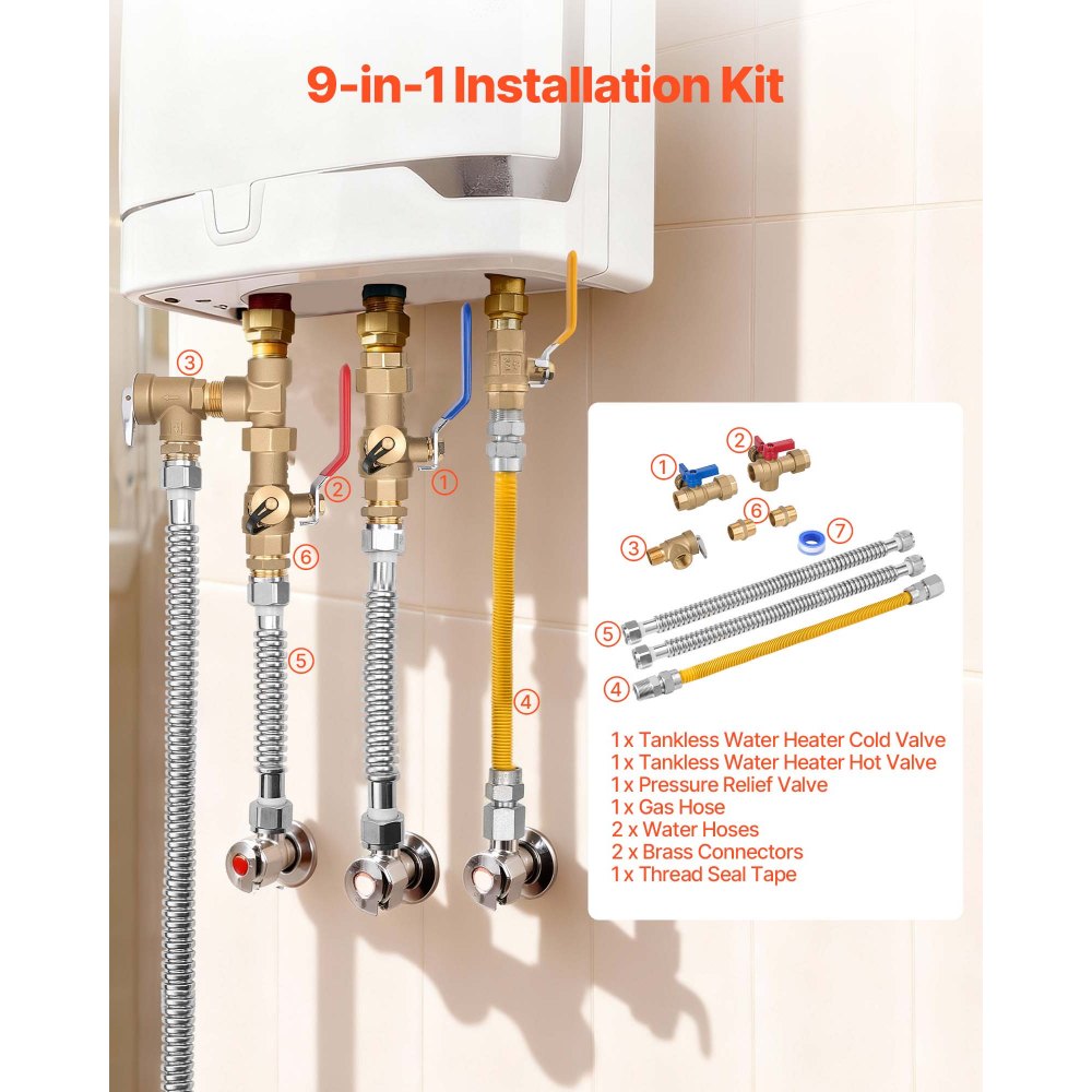 Kit de calentador de agua VEVOR, kit de reparación de plomería de agua fría y caliente de 3/4 de pulgada con válvulas de aislamiento WOG 600, válvula de alivio de presión, manguera de gas de doble capa, compatible con la mayoría de las marcas de calentadores de agua sin tanque.