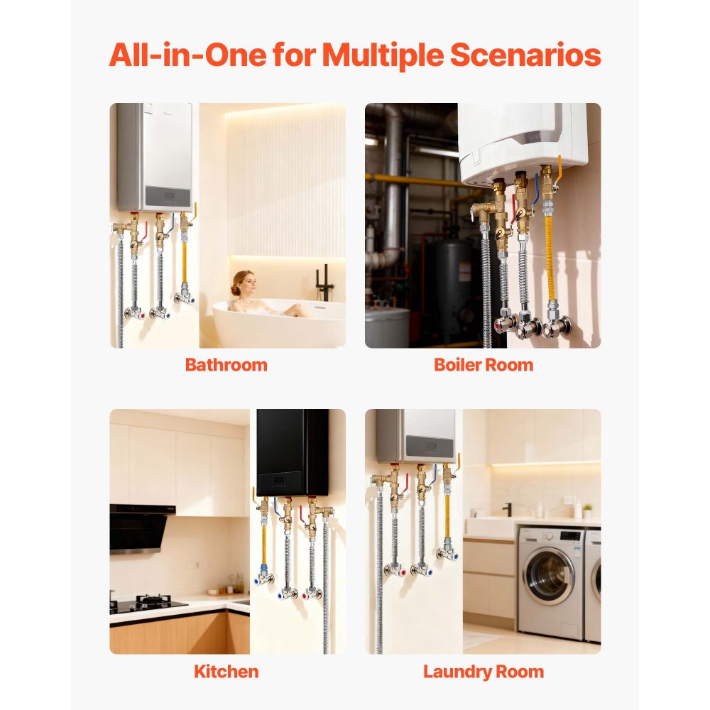 Kit de calentador de agua VEVOR, kit de reparación de plomería de agua fría y caliente de 3/4 de pulgada con válvulas de aislamiento WOG 600, válvula de alivio de presión, manguera de gas de doble capa, compatible con la mayoría de las marcas de calentadores de agua sin tanque.