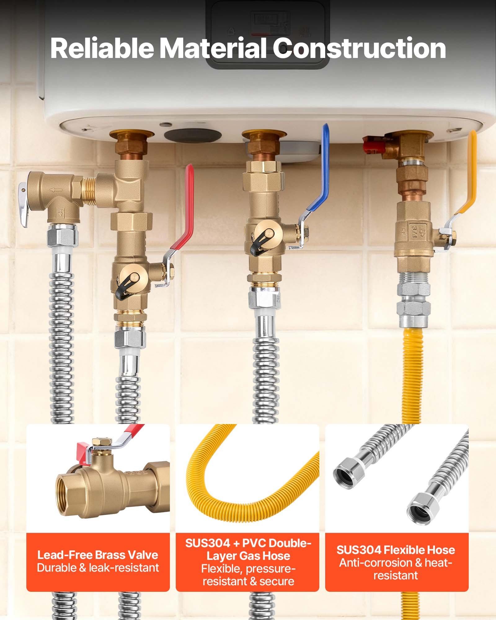 Kit de calentador de agua VEVOR, kit de reparación de plomería de agua fría y caliente de 3/4 de pulgada con válvulas de aislamiento WOG 600, válvula de alivio de presión, manguera de gas de doble capa, compatible con la mayoría de las marcas de calentadores de agua sin tanque.