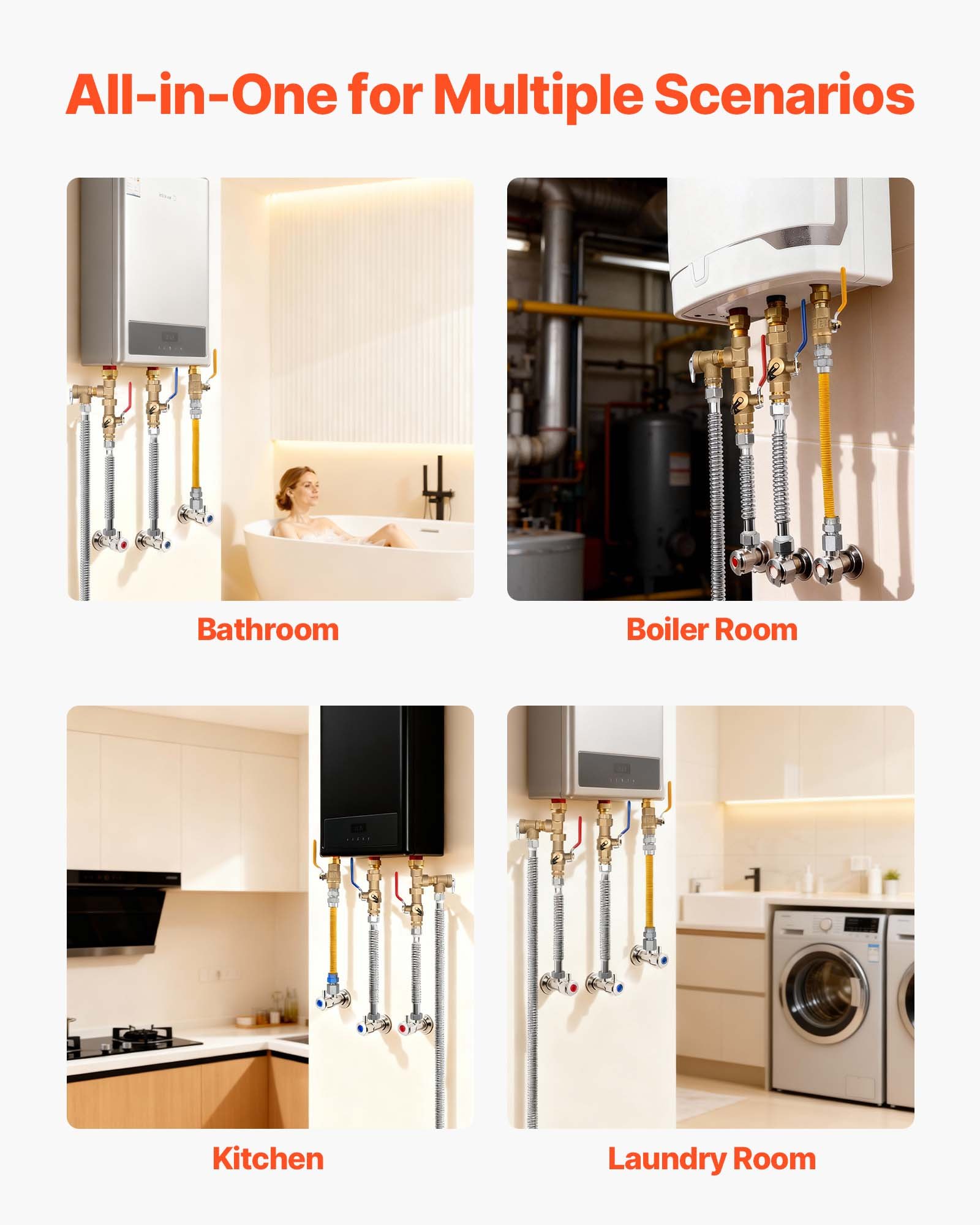 Kit de calentador de agua VEVOR, kit de reparación de plomería de agua fría y caliente de 3/4 de pulgada con válvulas de aislamiento WOG 600, válvula de alivio de presión, manguera de gas de doble capa, compatible con la mayoría de las marcas de calentadores de agua sin tanque.