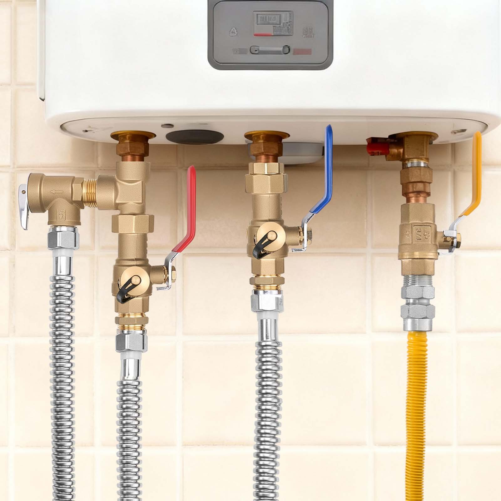 Kit de calentador de agua VEVOR, kit de reparación de plomería de agua fría y caliente de 3/4 de pulgada con válvulas de aislamiento WOG 600, válvula de alivio de presión, manguera de gas de doble capa, compatible con la mayoría de las marcas de calentadores de agua sin tanque.