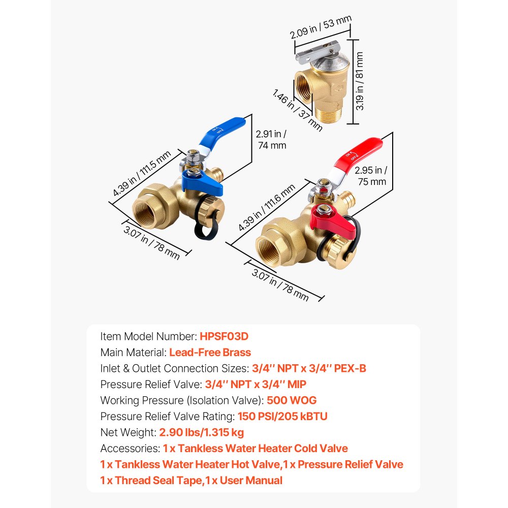 Kit de calentador de agua VEVOR, válvula de servicio de 3/4 de pulgada para calentador de agua sin tanque con 2 válvulas de aislamiento de 3/4″ NPT a 3/4″ PEX-B, válvula de alivio de presión, latón sin plomo, compatible con la mayoría de calentadores de agua sin tanque.