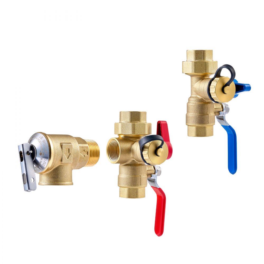 Kit de calentador de agua VEVOR, válvula de servicio de 3/4 de pulgada para calentador de agua sin tanque con 2 válvulas de aislamiento de 3/4″ NPT a 3/4″ PEX-B, válvula de alivio de presión, latón sin plomo, compatible con la mayoría de calentadores de agua sin tanque.
