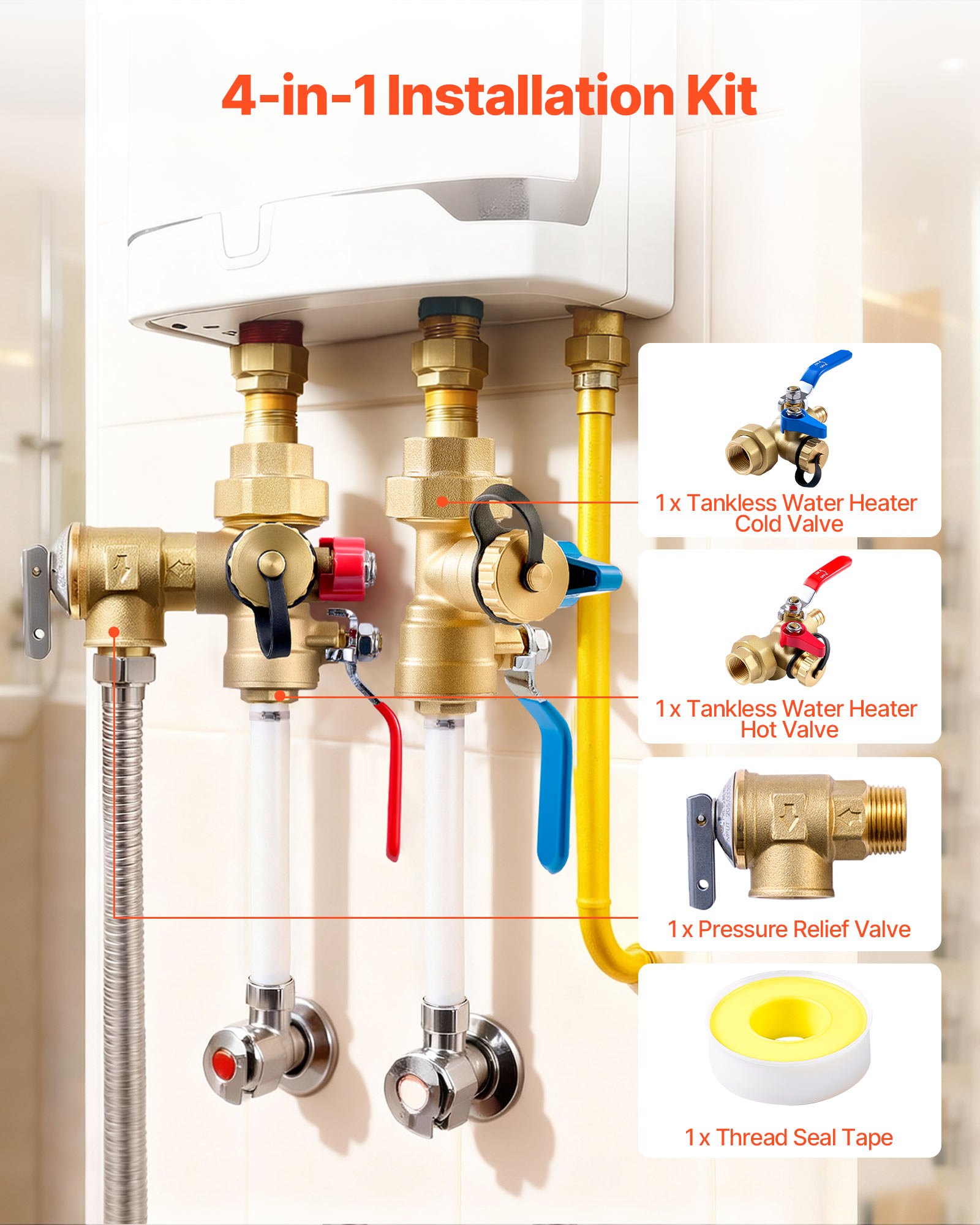 Kit de calentador de agua VEVOR, válvula de servicio de 3/4 de pulgada para calentador de agua sin tanque con 2 válvulas de aislamiento de 3/4″ NPT a 3/4″ PEX-B, válvula de alivio de presión, latón sin plomo, compatible con la mayoría de calentadores de agua sin tanque.