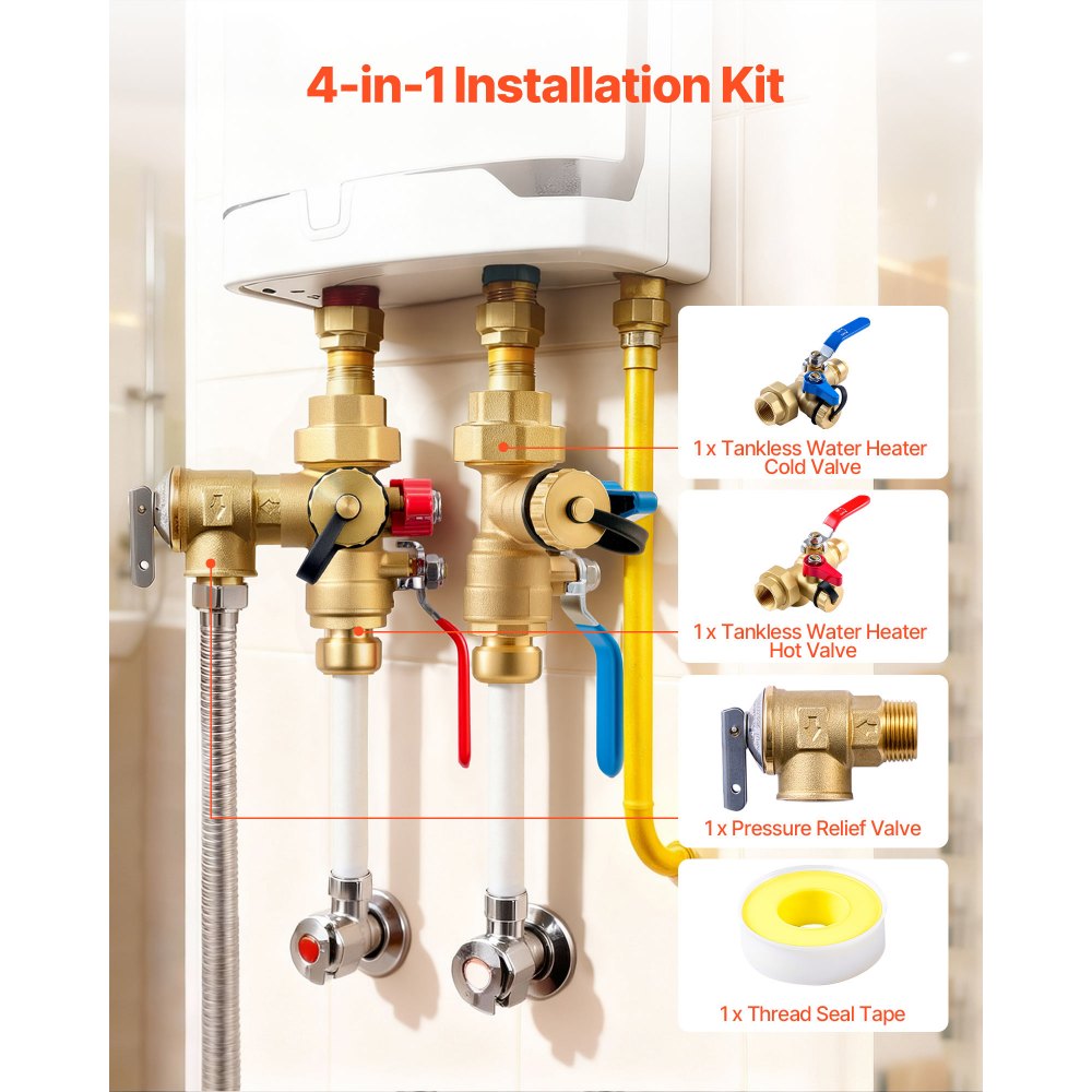Kit de calentador de agua VEVOR, válvula de servicio de 3/4 de pulgada para calentador de agua sin tanque con 2 válvulas de aislamiento de 3/4″ NPT a 3/4″ PTC, válvula de alivio de presión, compatible con la mayoría de calentadores de agua sin tanque, latón sin plomo.