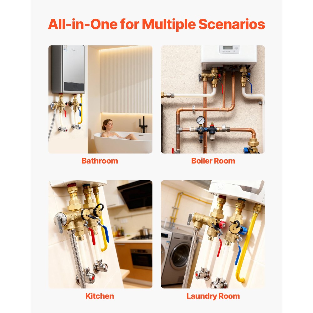 Kit de calentador de agua VEVOR, válvula de servicio de 3/4 de pulgada para calentador de agua sin tanque con 2 válvulas de aislamiento de 3/4″ NPT a 3/4″ PTC, válvula de alivio de presión, compatible con la mayoría de calentadores de agua sin tanque, latón sin plomo.