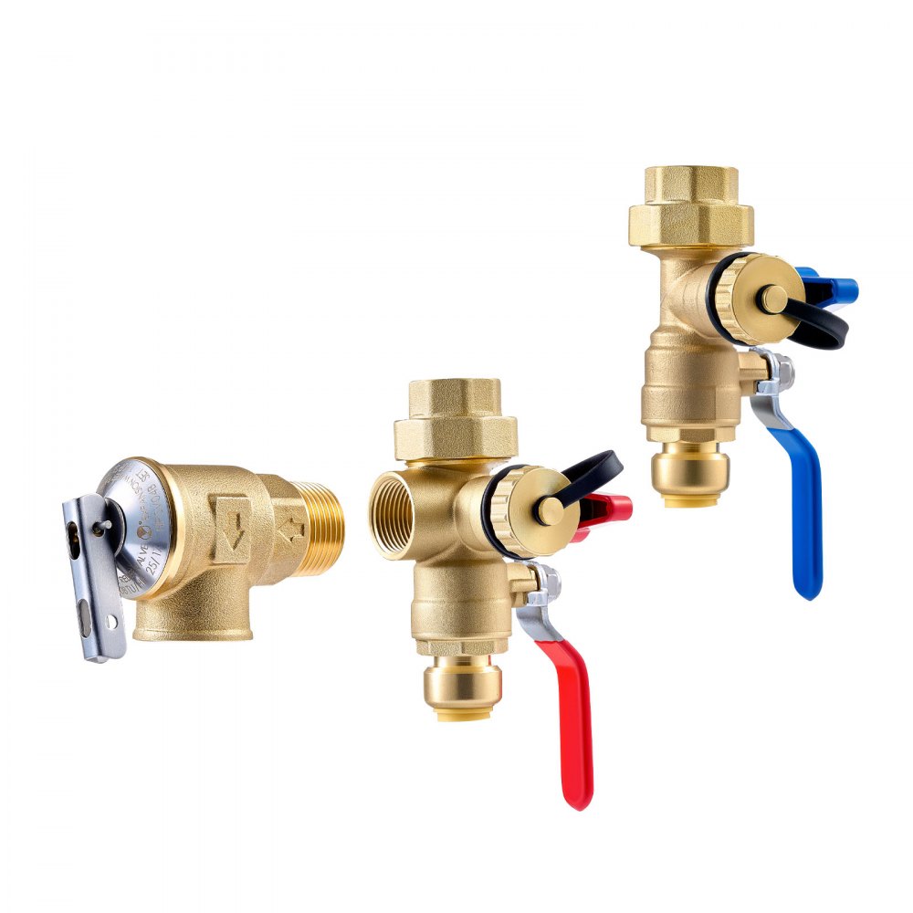 Kit de calentador de agua VEVOR, válvula de servicio de 3/4 de pulgada para calentador de agua sin tanque con 2 válvulas de aislamiento de 3/4″ NPT a 3/4″ PTC, válvula de alivio de presión, compatible con la mayoría de calentadores de agua sin tanque, latón sin plomo.