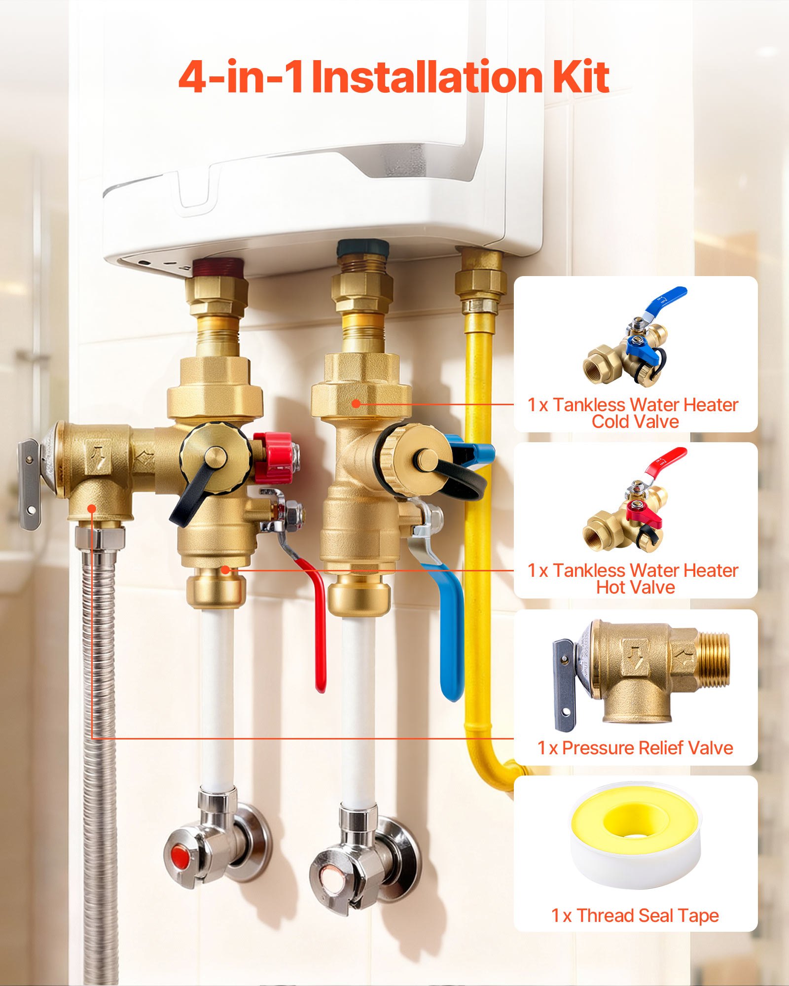 Kit de calentador de agua VEVOR, válvula de servicio de 3/4 de pulgada para calentador de agua sin tanque con 2 válvulas de aislamiento de 3/4″ NPT a 3/4″ PTC, válvula de alivio de presión, compatible con la mayoría de calentadores de agua sin tanque, latón sin plomo.