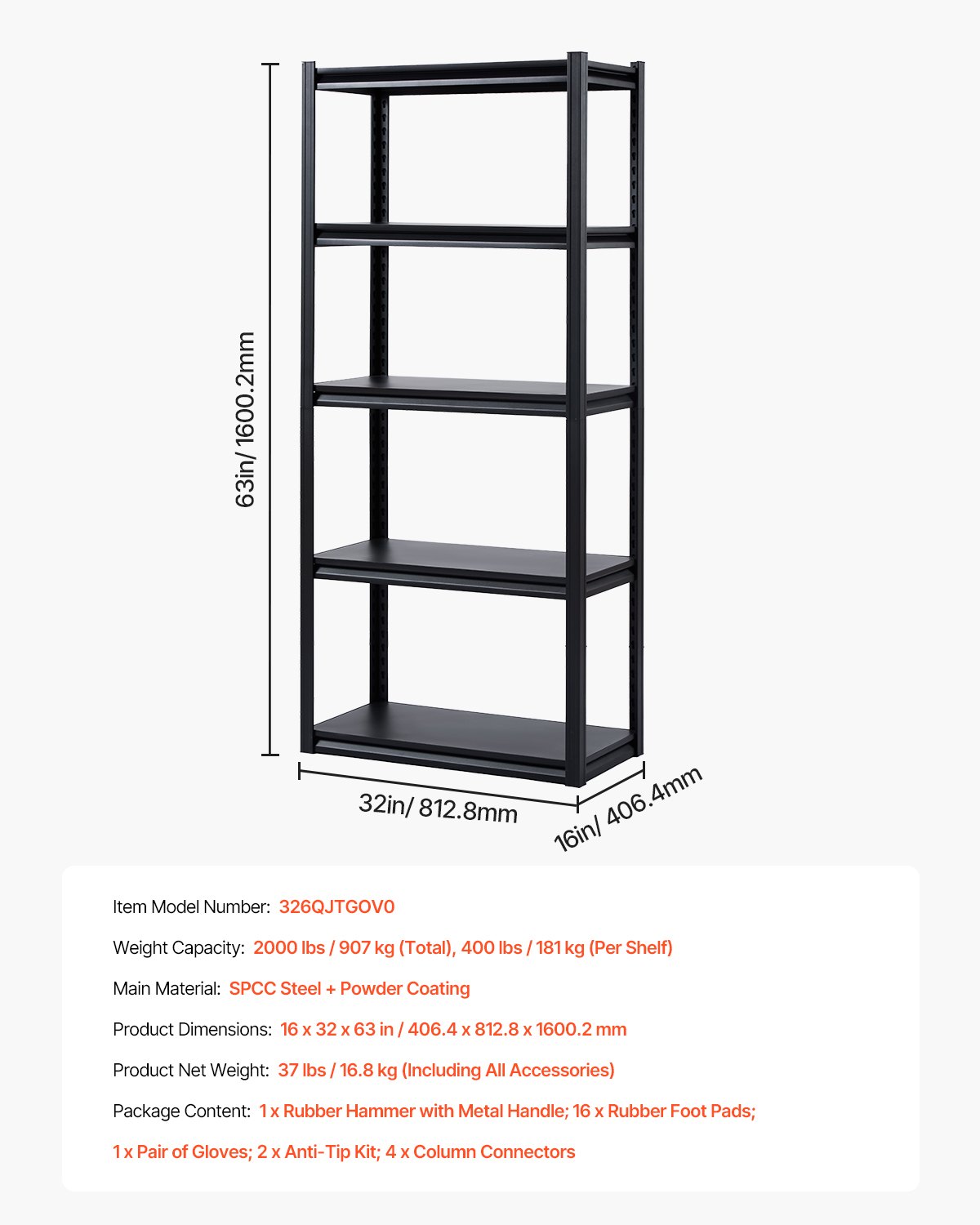 Estantes de almacenamiento de 16" de profundidad x 32" de ancho x 63" de alto Estanterías de almacenamiento de garaje de 5 niveles