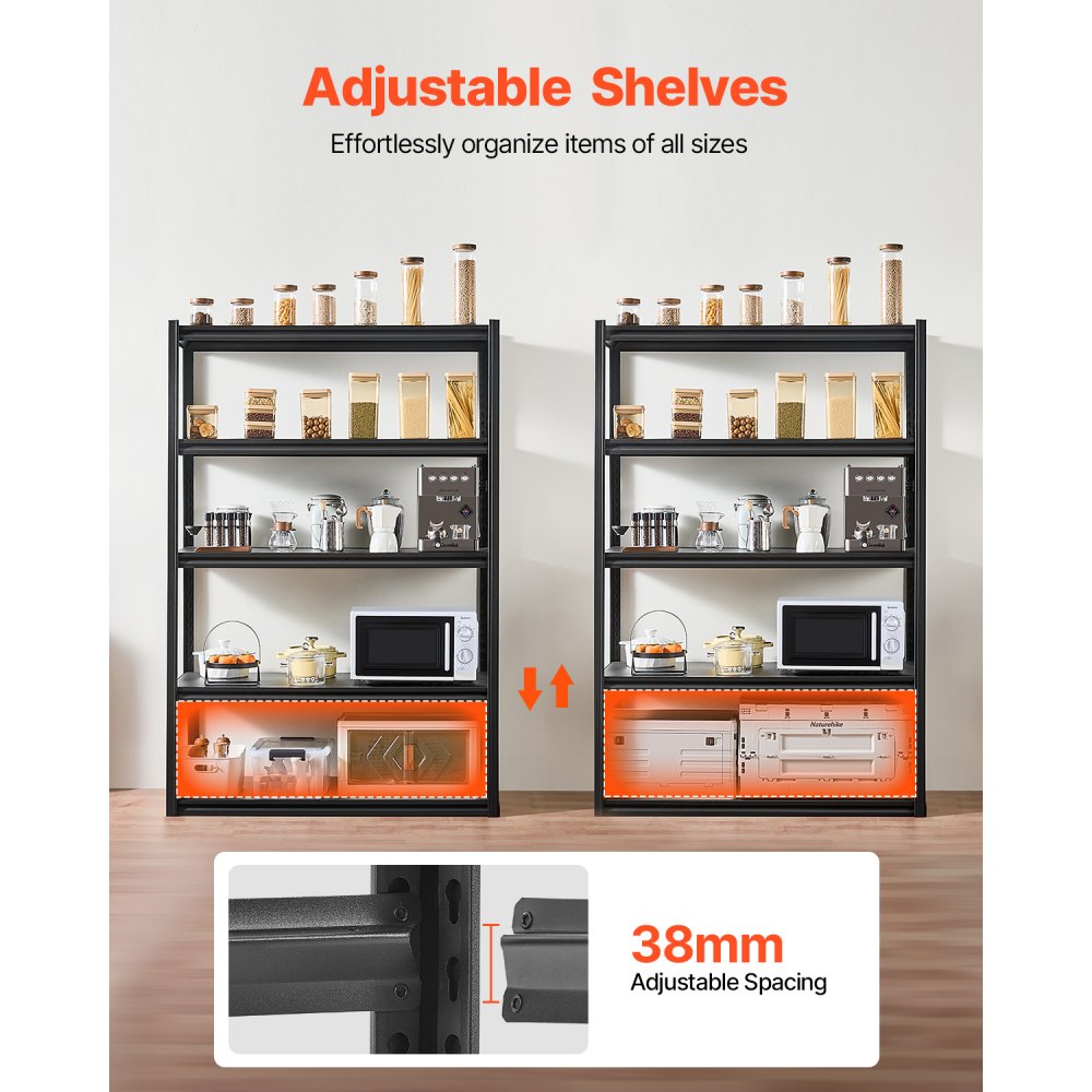 Estantes de almacenamiento VEVOR, 1367 kg, 5 niveles para garaje, 61 cm de profundidad x 122 cm de ancho x 183 cm de alto, ajustables, ideales para cocina, almacén y sótano, color negro.