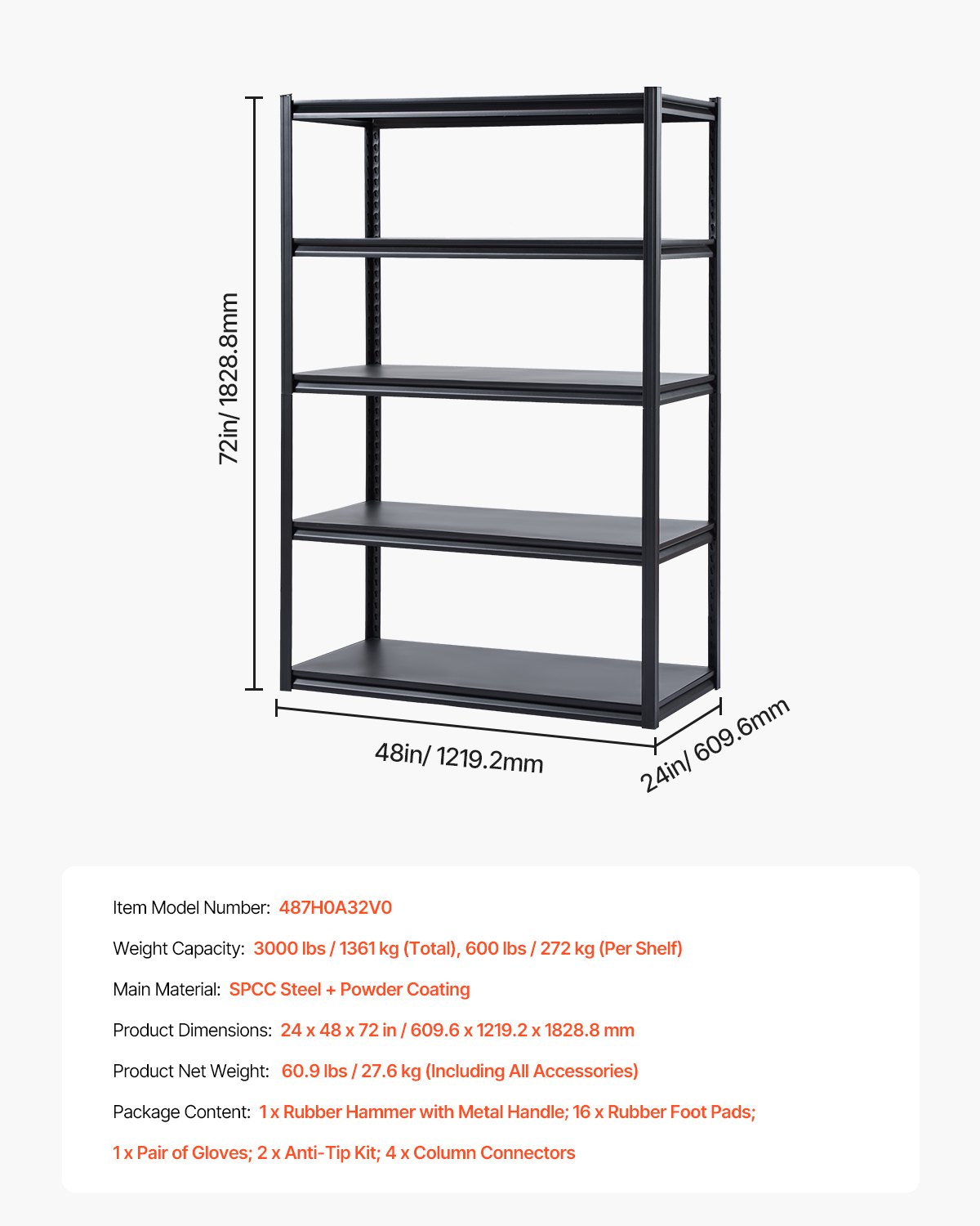 Estantes de almacenamiento de 24" de profundidad x 48" de ancho x 72" de alto Estanterías de almacenamiento de garaje de 5 niveles