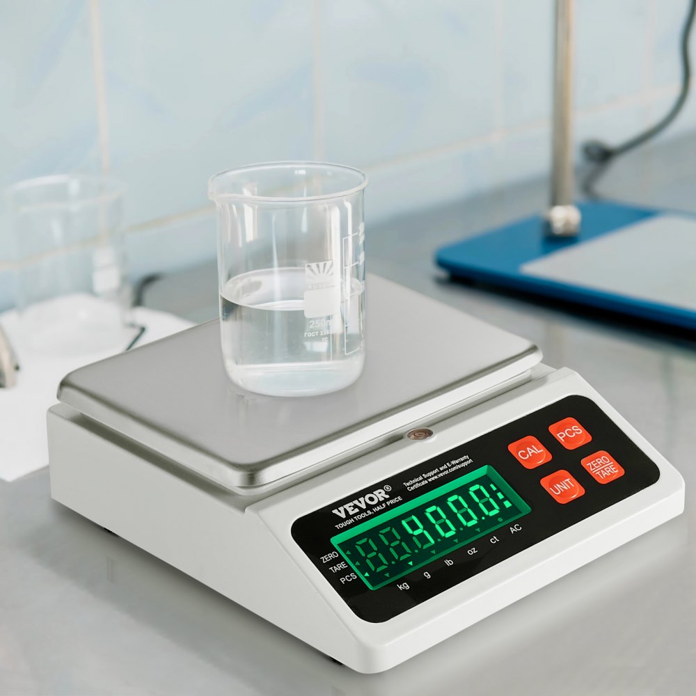 Báscula contadora industrial VEVOR con vaso medidor de líquido, pantalla digital retroiluminada y botones de control en laboratorio.