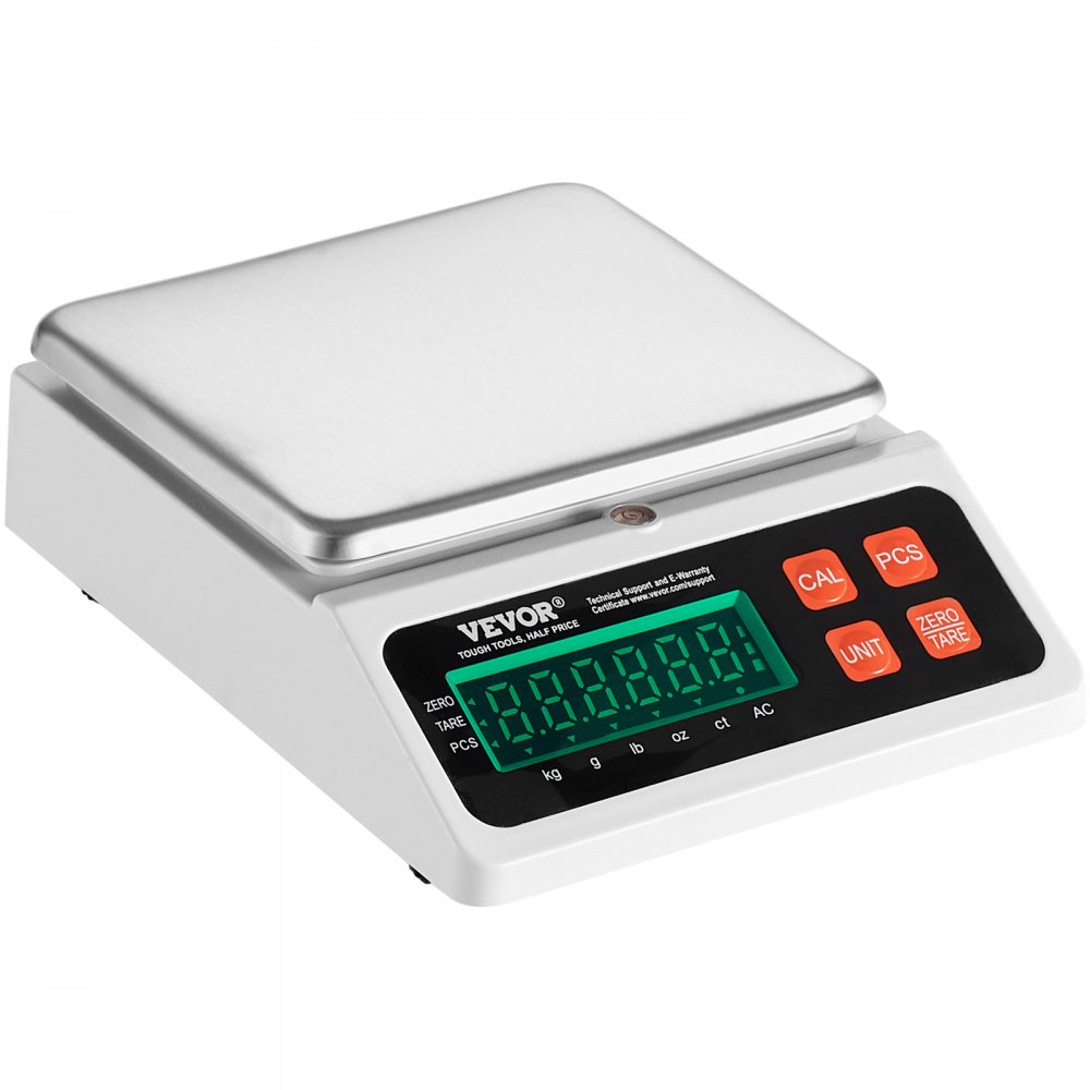 Báscula contadora industrial VEVOR con plataforma de acero inoxidable y pantalla digital con botones de control.