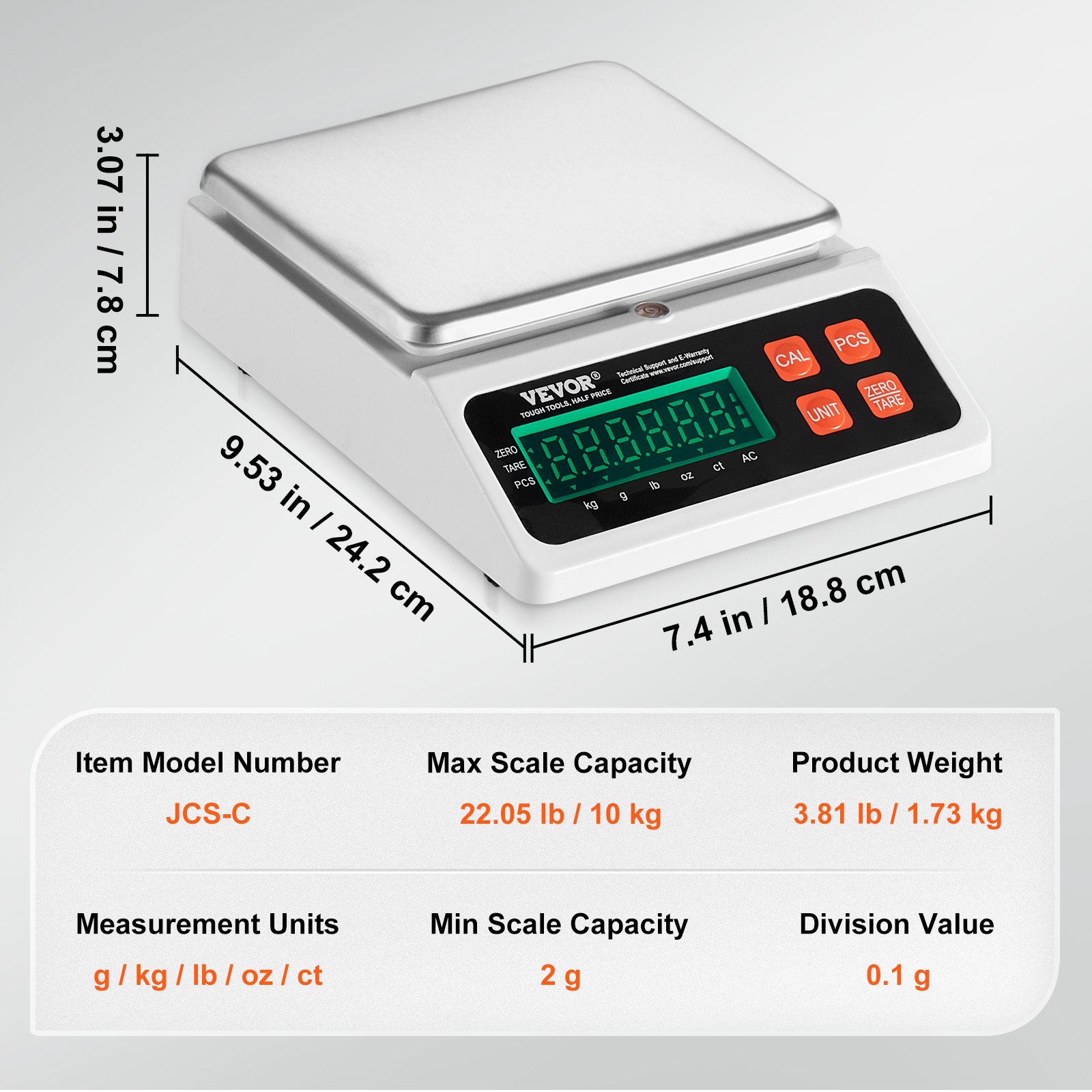 Báscula contadora industrial VEVOR con pantalla digital, capacidad máxima 22,05 lb, dimensiones 9,53&quot; x 7,4&quot; x 3,07&quot;.
