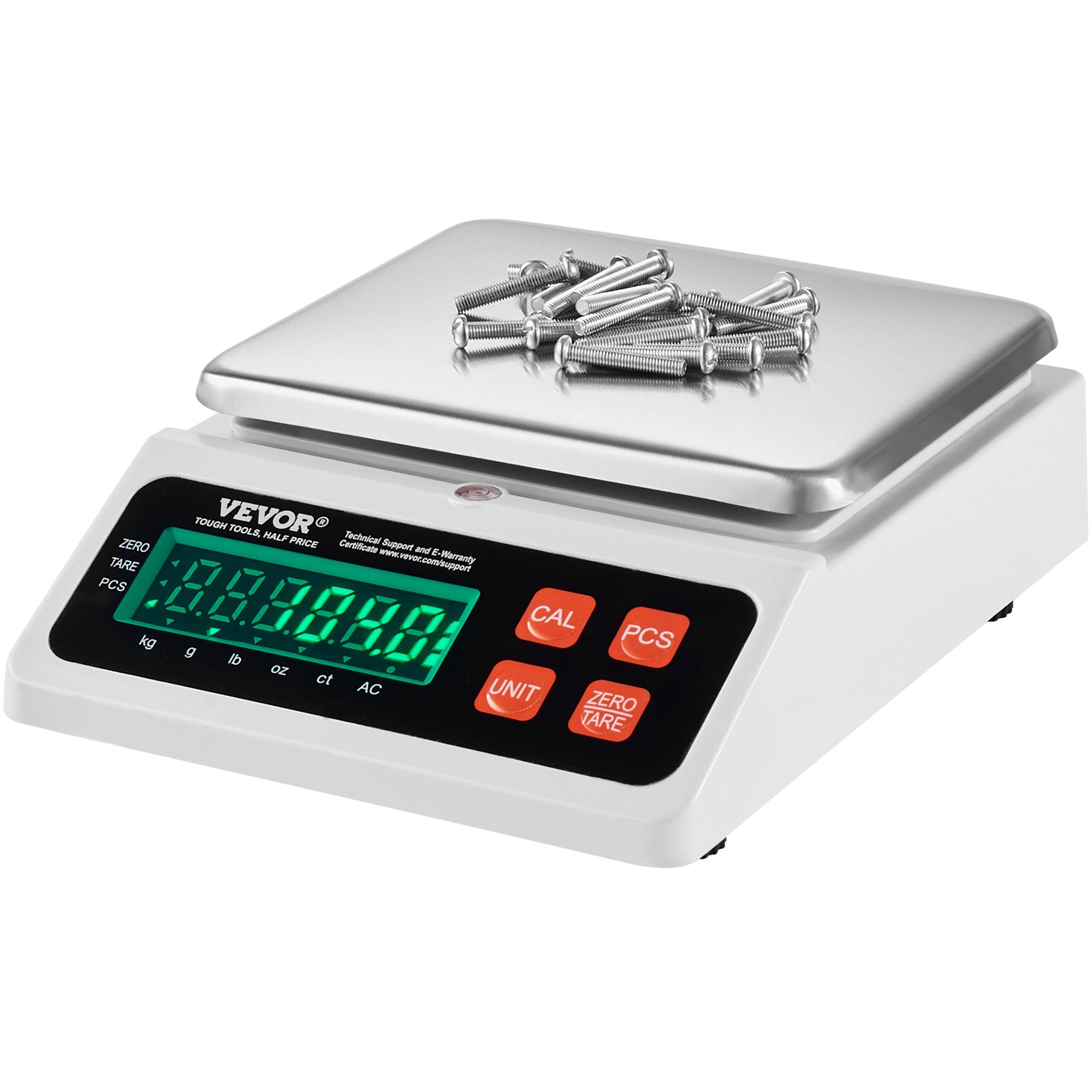 Báscula contadora industrial VEVOR que muestra tornillos, cuenta con pantalla digital y botones de control.