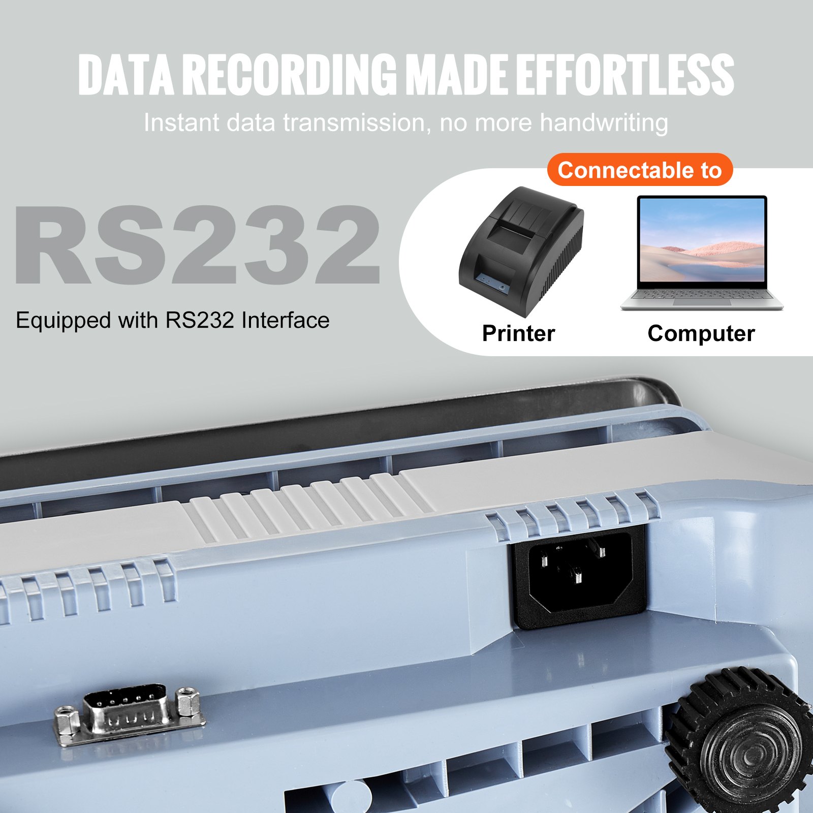 Balanza contadora industrial VEVOR equipada con interfaz rs232 para conectividad de impresora y computadora.