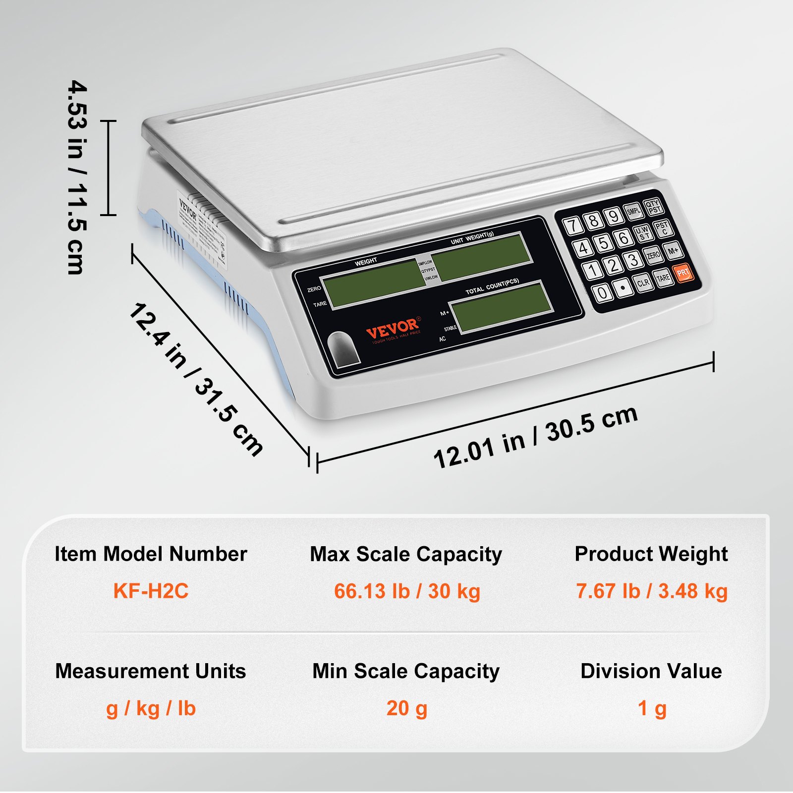 Báscula contadora industrial VEVOR, compacta, pantalla digital, capacidad máxima 66,13 lb, dimensiones clave incluidas.
