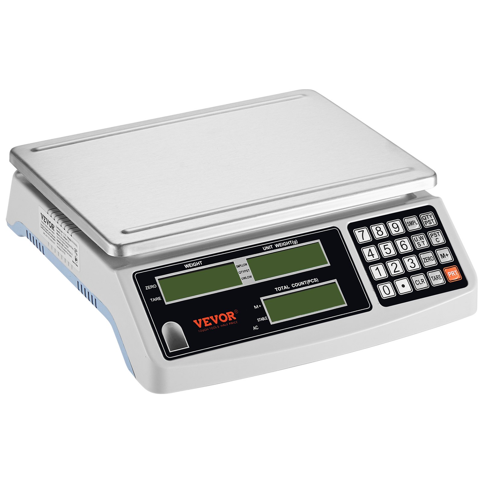 Báscula contadora industrial VEVOR con pantalla digital, teclado y plataforma de pesaje de acero inoxidable.