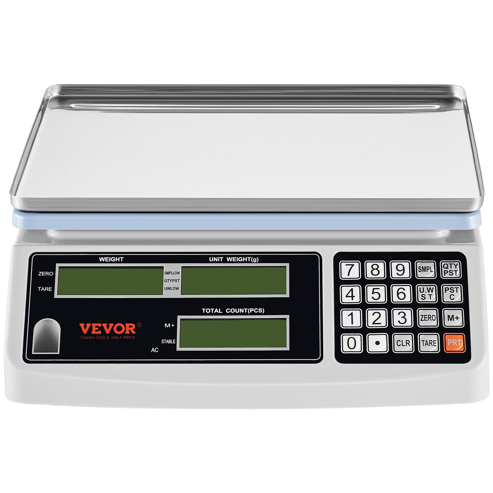 Báscula contadora industrial VEVOR con pantallas digitales duales, teclado y plataforma de acero inoxidable.