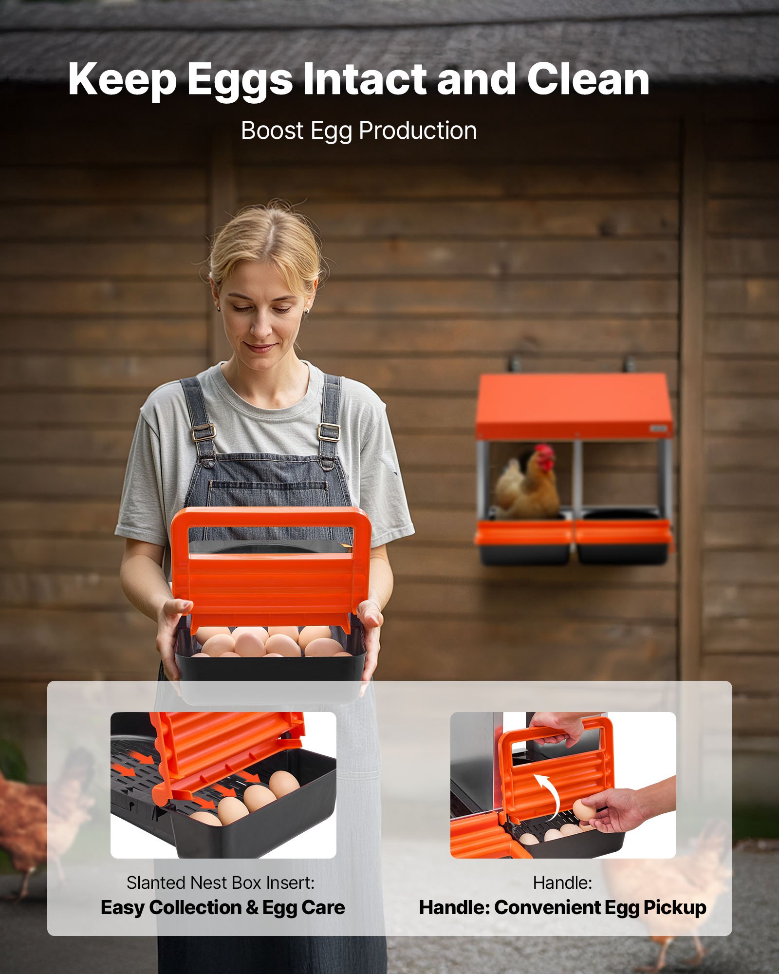 VEVOR Chicken Nesting Boxes, 2 Compartments, Easy Egg Collection, Wall Mount, Easy to Assemble, Galvanized Steel and High-Strength Plastic, Roll Away Nesting Boxes for Chickens Laying Eggs, Orange