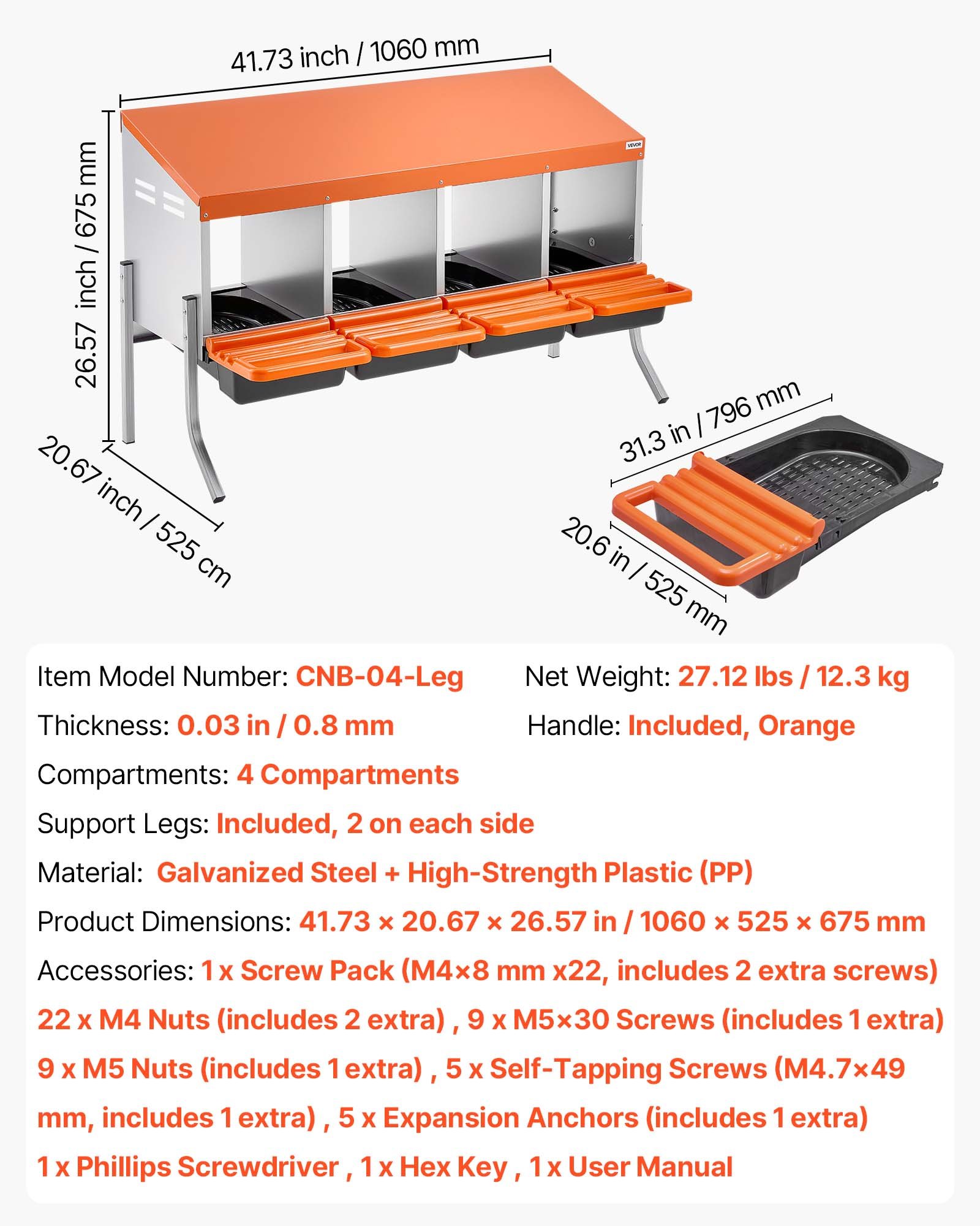 Nidos VEVOR para gallinas, 4 compartimentos, con patas de apoyo, fácil recogida de huevos, acero galvanizado y plástico de alta resistencia, plegables, color naranja