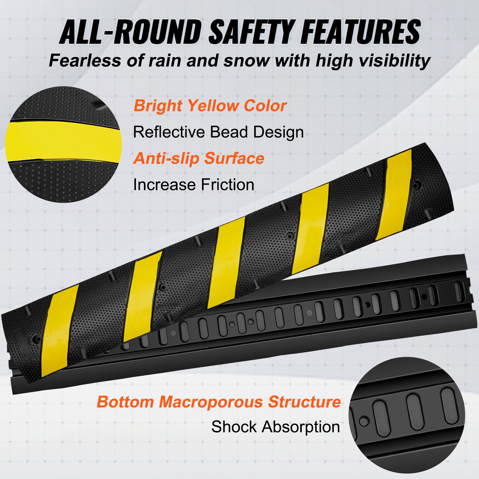 Tope de velocidad de caucho VEVOR con color amarillo brillante, diseño de cuentas reflectantes y superficie antideslizante para mayor seguridad.