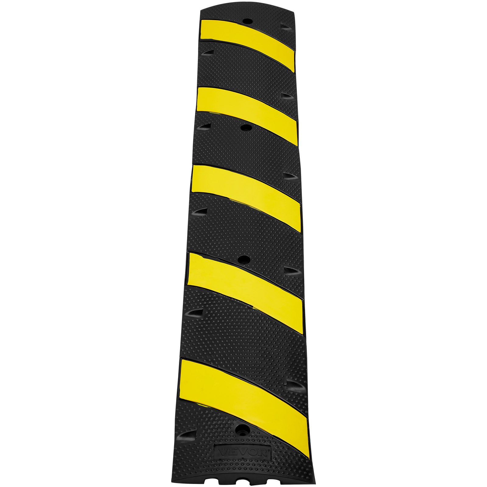 Reductor de velocidad de caucho VEVOR con rayas diagonales negras y amarillas, superficie texturizada y orificios para pernos.