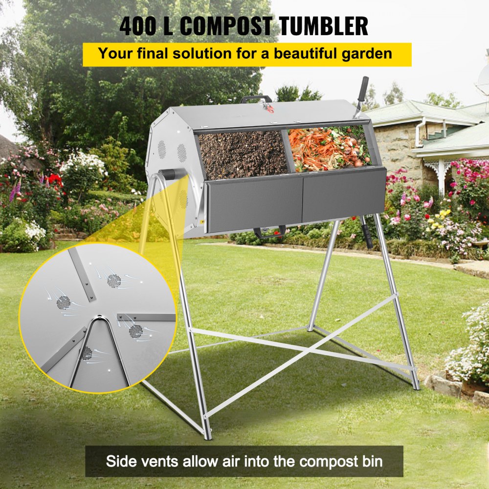 VEVOR Compost Tumbler, 400L / 106 Gal, compostador de jardín de doble cámara de acero inoxidable a prueba de herrumbre, resistente, cubo de compostaje para exteriores para todas las estaciones, sistema de trabajo rápido para compostaje de residuos de cocina y jardín