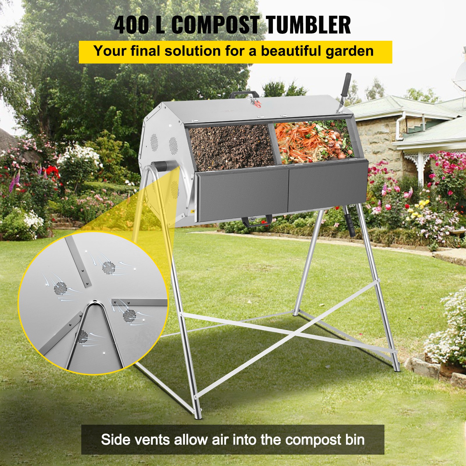 VEVOR Compost Tumbler, 400L / 106 Gal, compostador de jardín de doble cámara de acero inoxidable a prueba de herrumbre, resistente, cubo de compostaje para exteriores para todas las estaciones, sistema de trabajo rápido para compostaje de residuos de cocina y jardín