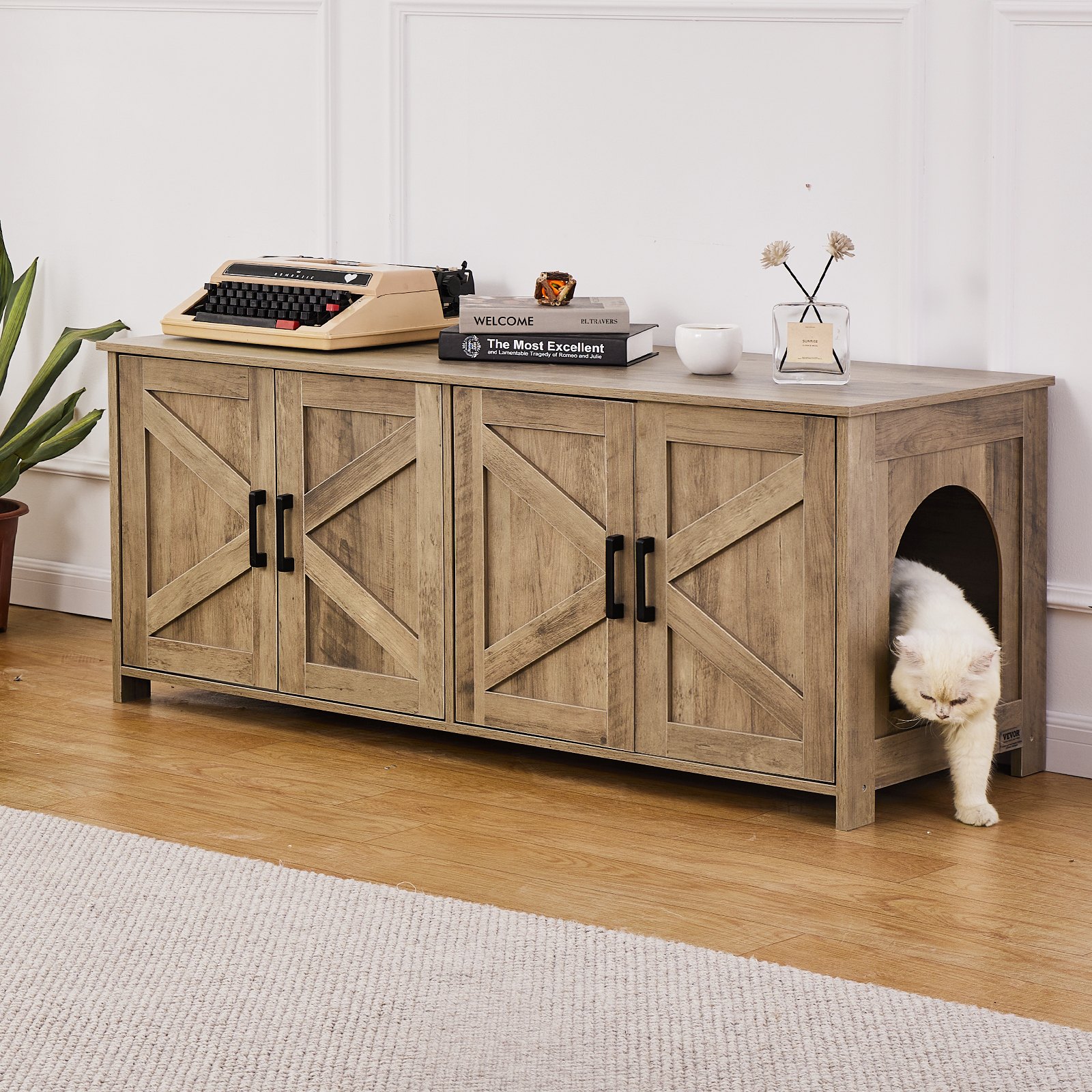 VEVOR - Caja de arena para 2 gatos, mueble oculto con dos compartimentos, armario de madera apto para la mayoría de las cajas de arena, 120 cm de largo x 47 cm de ancho x 50 cm de alto, color gris