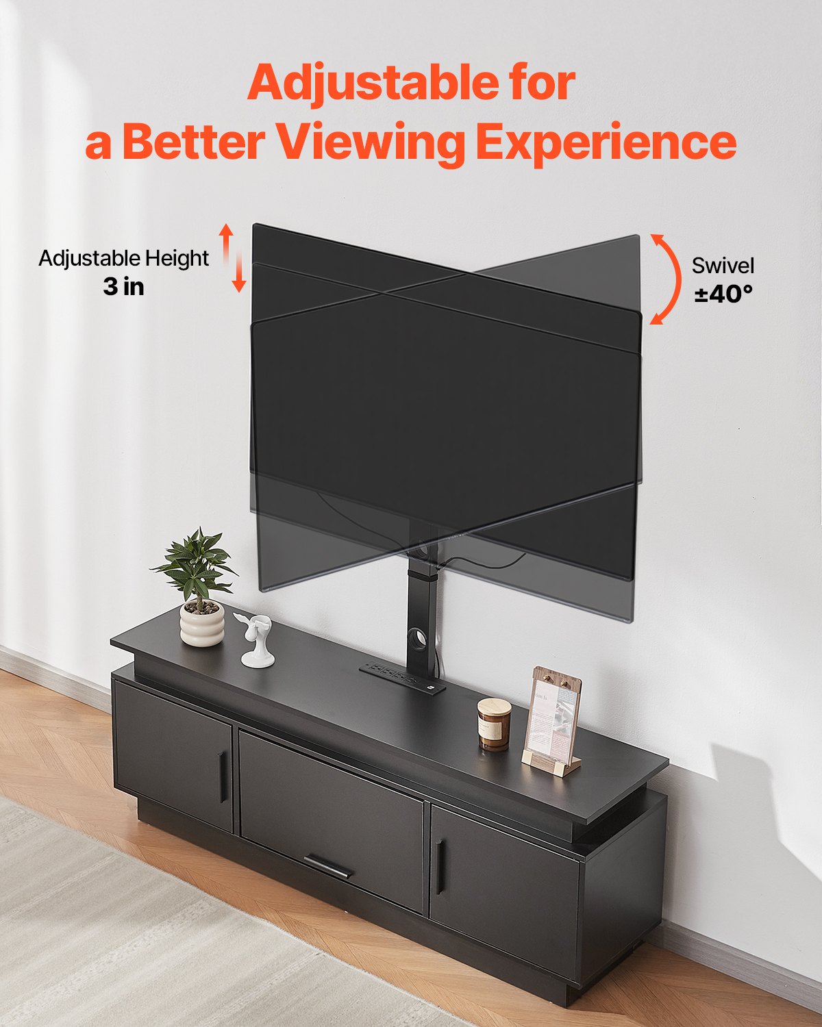 VEVOR Soporte para TV 52" con soporte para televisores de hasta 75", centro de entretenimiento con toma de corriente y luces LED, altura ajustable, con soporte y gabinetes de almacenamiento 3 niveles