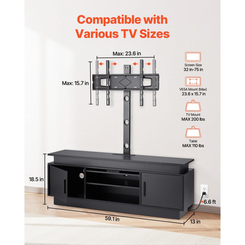 Soporte para TV VEVOR de 60" con soporte para televisores de hasta 75", centro de entretenimiento con toma de corriente y luces LED, consola de TV de altura ajustable con soporte y gabinetes de almacenamiento de 3 niveles para dormitorio y sala de estar.