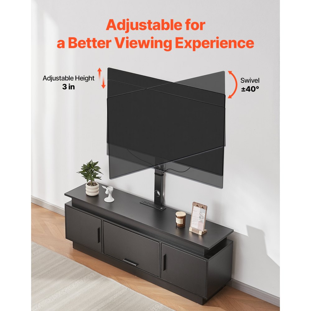 Soporte para TV VEVOR de 60" con soporte para televisores de hasta 75", centro de entretenimiento con toma de corriente y luces LED, consola de TV de altura ajustable con soporte y gabinetes de almacenamiento de 3 niveles para dormitorio y sala de estar.