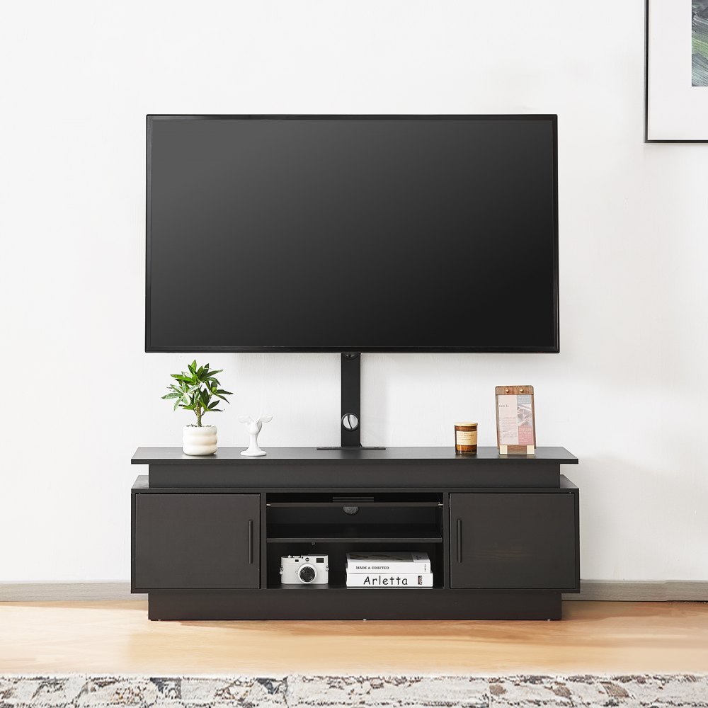 Soporte para TV VEVOR de 60" con soporte para televisores de hasta 75", centro de entretenimiento con toma de corriente y luces LED, consola de TV de altura ajustable con soporte y gabinetes de almacenamiento de 3 niveles para dormitorio y sala de estar.