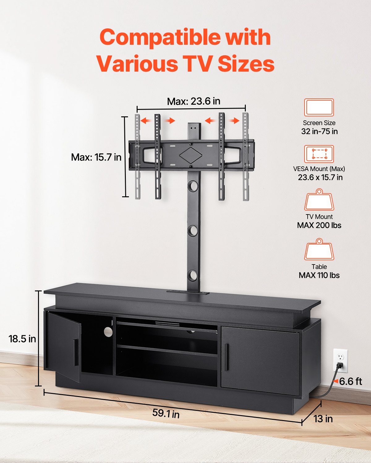 Soporte para TV VEVOR de 60" con soporte para televisores de hasta 75", centro de entretenimiento con toma de corriente y luces LED, consola de TV de altura ajustable con soporte y gabinetes de almacenamiento de 3 niveles para dormitorio y sala de estar.