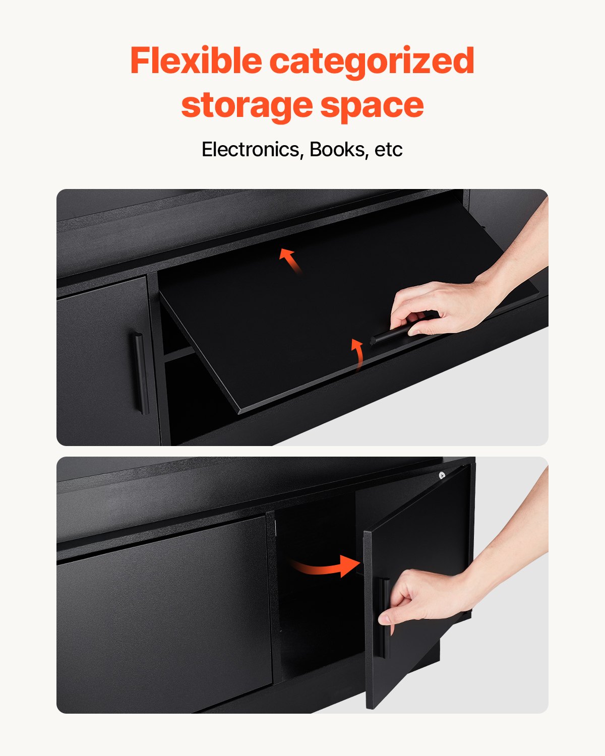 Soporte para TV VEVOR de 60" con soporte para televisores de hasta 75", centro de entretenimiento con toma de corriente y luces LED, consola de TV de altura ajustable con soporte y gabinetes de almacenamiento de 3 niveles para dormitorio y sala de estar.