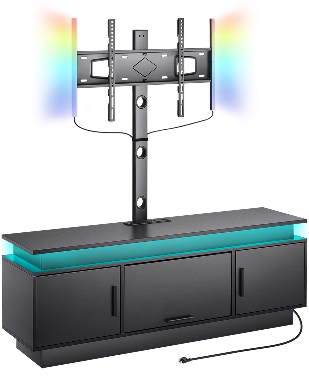 Soporte para TV VEVOR de 60" con soporte para televisores de hasta 75", centro de entretenimiento con toma de corriente y luces LED, consola de TV de altura ajustable con soporte y gabinetes de almacenamiento de 3 niveles para dormitorio y sala de estar.