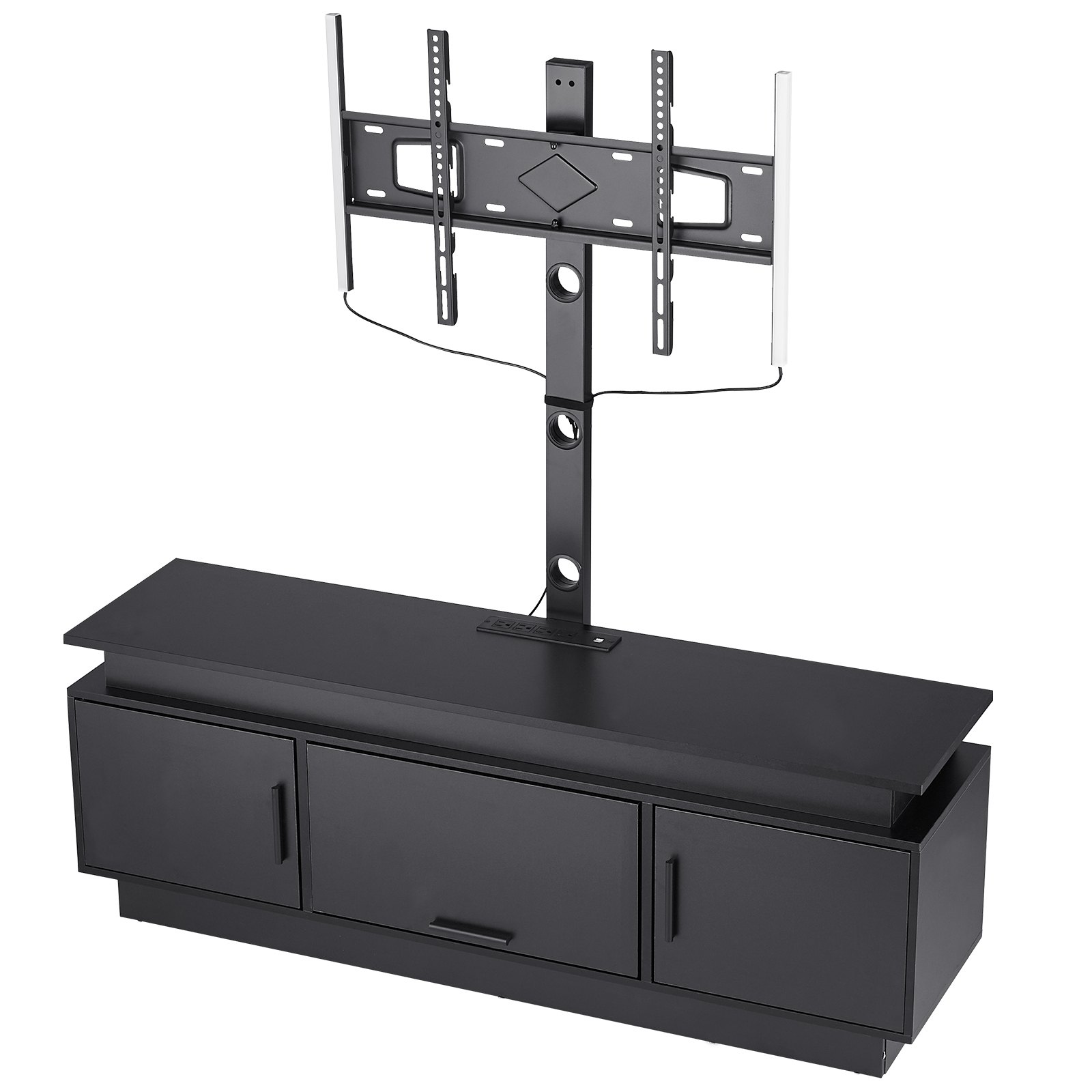 Soporte para TV VEVOR de 60" con soporte para televisores de hasta 75", centro de entretenimiento con toma de corriente y luces LED, consola de TV de altura ajustable con soporte y gabinetes de almacenamiento de 3 niveles para dormitorio y sala de estar.